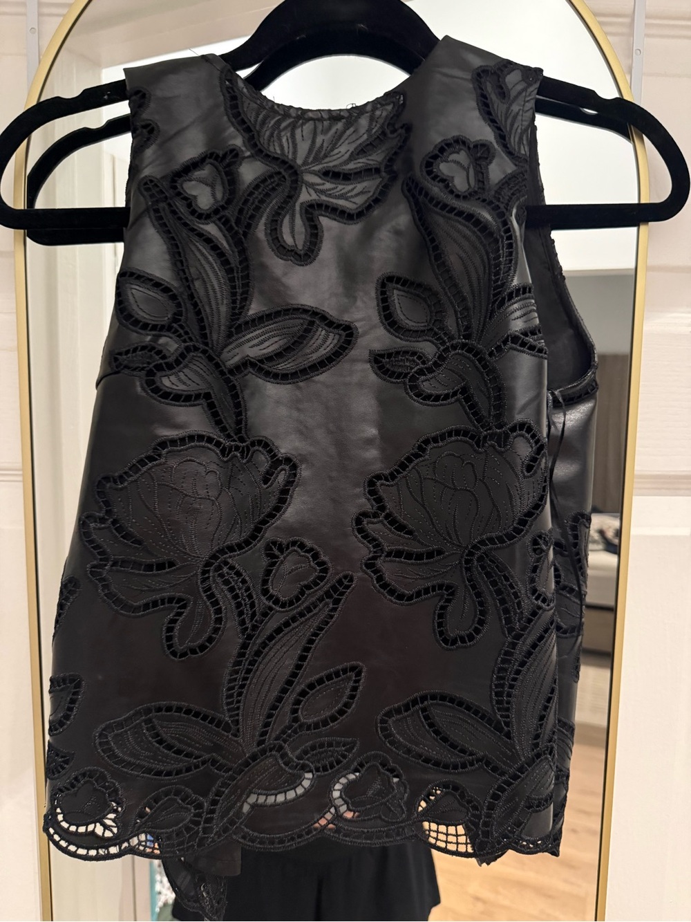 Aqua Black Faux Leather Top with Floral Cutwork